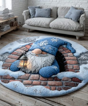 Winter Gnome Path Round Rug - Seasonal Holiday Area Rug With Charming Gnome Scene, Soft Plush Pile, Durable, Non-Slip Backing, Easy Clean