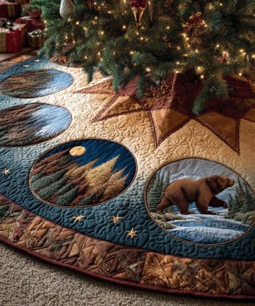 Winter Guardian Quilted Tree Skirt — Timeless Cabin & Mountain Christmas Base Cover, Heavy-Quilted Holiday Decor With Classic Motifs