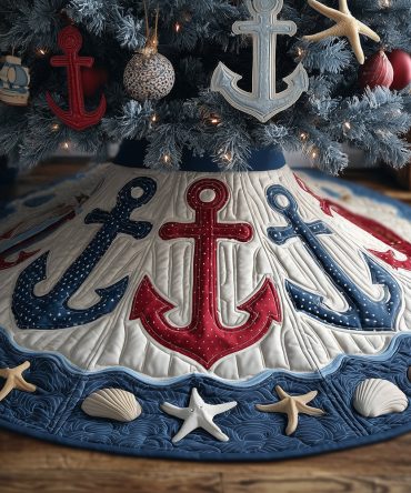 Winter Harbor Anchor Quilted Tree Skirt — Nautical Christmas Décor, Cotton Blend Quilting, Durable Padding, Machine Washable & Coastal Gift Idea