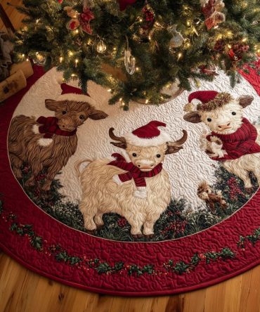 Winter Highland Cow Quilted Christmas Tree Skirt — Cozy Rustic Farmhouse Holiday Accent, Soft Quilting & Charming Animal Motif