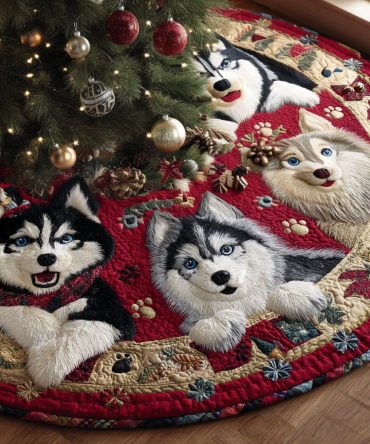 Winter Husky Magic Quilted Tree Skirt — Cozy Holiday Base With Soft Quilting, Husky Graphics & Floor Protection