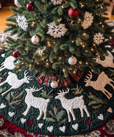 Winter Majesty Quilted Christmas Tree Skirt — Elegant Snowy Pines Design, Soft Padding & Luxurious Holiday Tree Base Cover