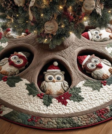 Winter Owl Harmony Quilted Christmas Tree Skirt — Elegant Owl-Themed Quilted Skirt, Soft Texture & Durable Holiday Protection