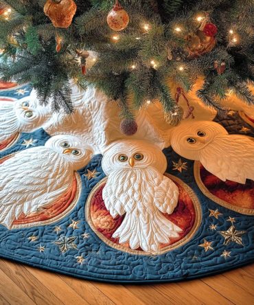 Winter Perch Quilted Christmas Tree Skirt - Cozy Perched Bird Holiday Tree Skirt With Warm Quilting, Perfect Foundation For Seasonal Decor