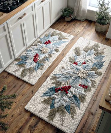 Winter Poinsettia Charm Christmas Kitchen Rug - Festive Floral Runner, Non-Slip, Machine Washable, Cozy Holiday Decor Accent