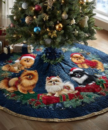Winter Pom Dreams Quilted Tree Skirt: Soft White & Gray Holiday Skirt With Pom Trim For Cozy Christmas Styling