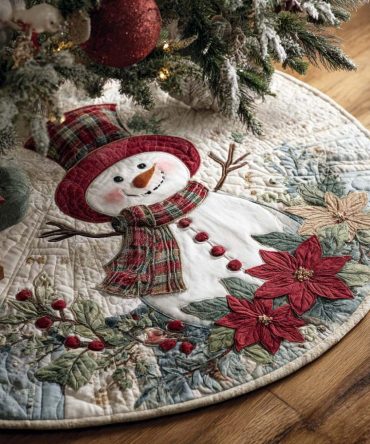 Red Snowman Quilted Christmas Tree Skirt With Winter Scarf Design - Charming Holiday Base Cover, Durable & Machine-Friendly