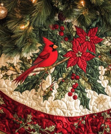 Winter Redbirds Quilted Holiday Tree Skirt — Embroidered Redbird Motifs, Plush Quilting & Cozy Seasonal Accent For Christmas Trees