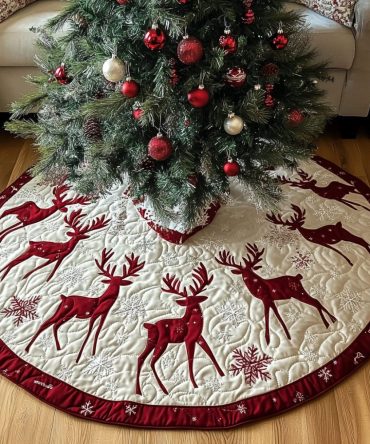 Winter Reindeer Magic Quilted Tree Skirt — Festive Reindeer Design Christmas Tree Skirt For Cozy, Family-Friendly Holiday Décor