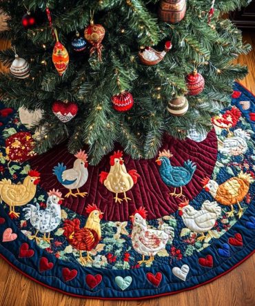 Winter Roosters Quilted Christmas Tree Skirt — Rustic Rooster & Farmhouse Holiday Skirt For Country Style Seasonal Décor