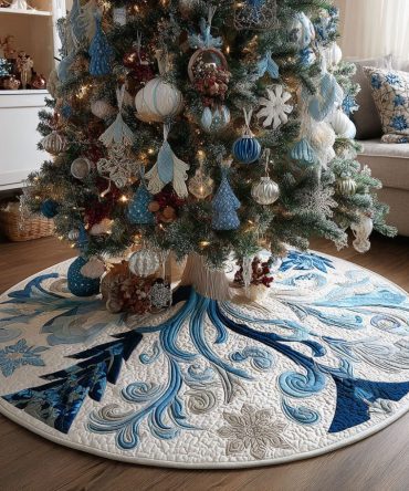 Winter Sapphire Quilted Christmas Tree Skirt - Elegant Blue Holiday Base Cover With Luxurious Quilting And Easy Care