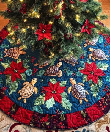Winter Serenity Quilted Christmas Tree Skirt - Elegant Snowy Holiday Base Cover, Soft Padded Fabric, Machine-Wash For Easy Care