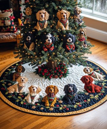 Winter Spaniel Quilted Tree Skirt — Snowy-Themed Spaniel Design, Cozy Padded Christmas Skirt To Elevate Holiday Decor & Protect Floors
