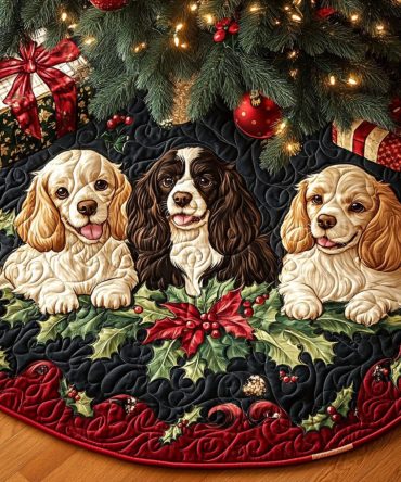 Winter Spaniel Tale Quilted Christmas Tree Skirt - Charming Dog Holiday Tree Skirt, Reversible Patchwork, Soft Cotton Blend, 48 Inch Diameter