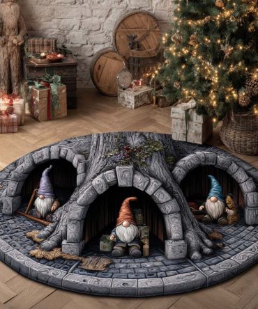 Winter Stone Round Area Rug — Gnome Hideout Themed Accent Carpet, Cool Stone Tones, Plush Pile, Anti-Slip Backing For Holiday Displays