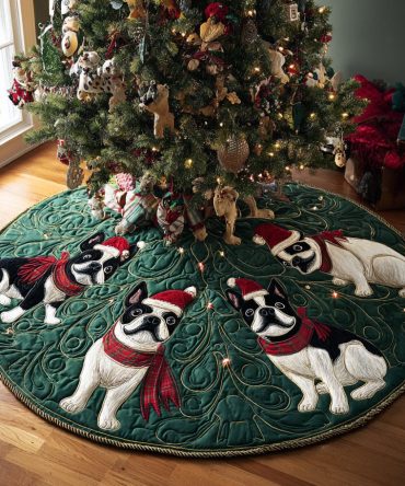Winter Terrier Delight Quilted Tree Skirt — Festive Dog Design Tree Skirt, Quilted Holiday Accent For Dog Lovers