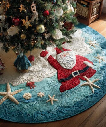 Winter Tide Blessings Quilted Tree Skirt — Serene Coastal Winter Christmas Tree Skirt For Modern & Cozy Holiday Interiors
