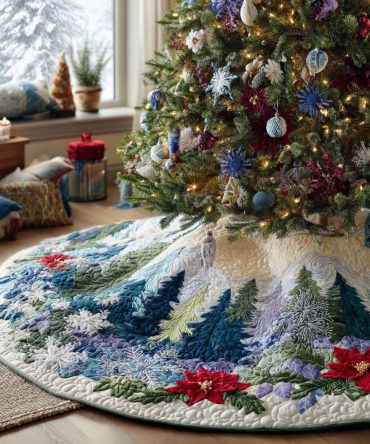 Winter Treescape Quilted Tree Skirt - Scenic Snowy Christmas Base Cover With Soft Quilting, Durable & Washable
