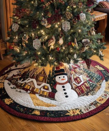 Winter Village Snowman Quilted Christmas Tree Skirt - Scenic Winter Village With Snowmen, Quilted Holiday Skirt For Charming Traditional Décor