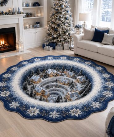 Winter Vortex Village - Holiday-Themed Custom-Shaped Area Rug With Cozy Snowy Village Print, Low-Pile Durable Accent For Home