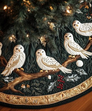 Winter Watch Quilted Christmas Tree Skirt — Woodland Bird & Evergreen Scene, Neutral Tones, Heavy Batting, Non-Slip, Easy Care