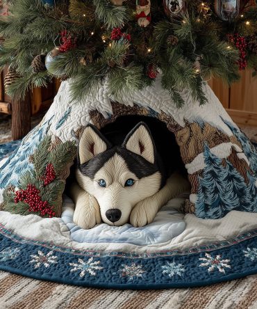 Winter Watch Husky Quilted Tree Skirt — Cute Husky Dog Christmas Décor, Soft Padded Base, Pet-Lover Gift, Easy-Fit Wrap For Holiday Trees
