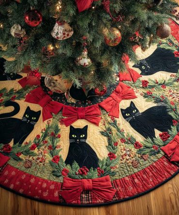 Winter Whisker Quilted Christmas Tree Skirt - Playful Cat Motif, Soft Holiday Fabric To Hide Tree Stand & Create Cozy Seasonal Vibes