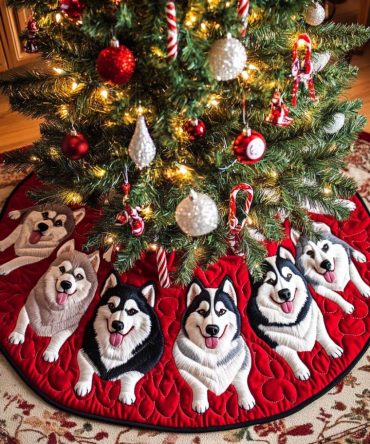 Winter Whiskers Quilted Christmas Tree Skirt , Charming Cat Holiday Tree Skirt, 48In Quilted Cotton, Machine Washable