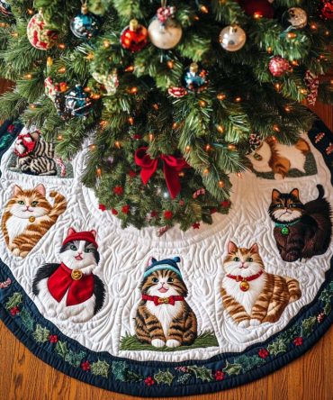 Winter Whiskers Quilted Christmas Tree Skirt — Charming Cat Holiday Design, Soft Quilted Texture, Perfect Gift For Cat Lovers