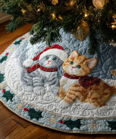 Winter Whiskers Quilted Christmas Tree Skirt — Charming Whiskered Cat Patchwork Base Cover, Soft & Cozy Holiday Decoration For Cat Fans