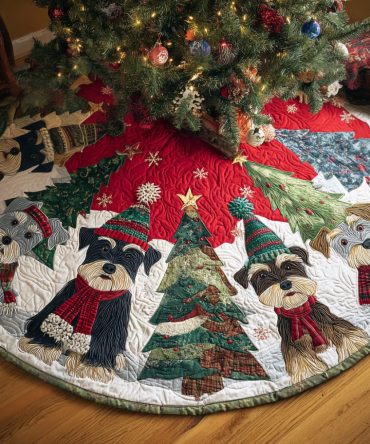 Winter Woofs Quilted Christmas Tree Skirt — Snowy Dog Motif Holiday Skirt, Quilted Pet-Friendly Base For Cozy Seasonal Decor