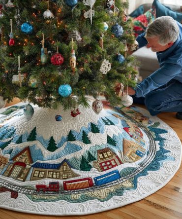 Premium Quilted Winterberry Christmas Tree Skirt — Festive Town-Scene Holiday Base Cover To Elevate Seasonal Decor