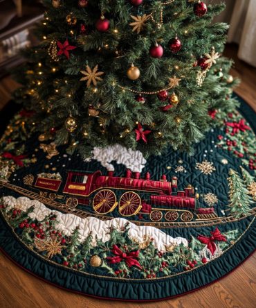 Winterline Express Quilted Tree Skirt — Charming Train-Themed Christmas Skirt For Cozy Holiday Decorating And Present Display