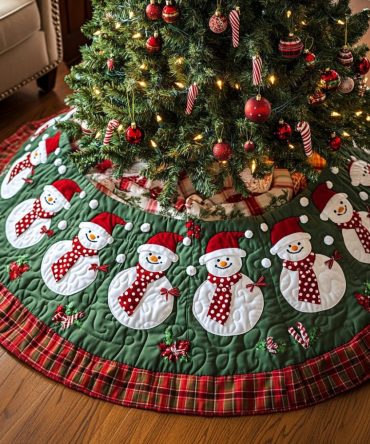 Wintertime Cheer Quilted Christmas Tree Skirt - Classic Snowflake & Flurry Holiday Tree Skirt, Soft Quilted Accent