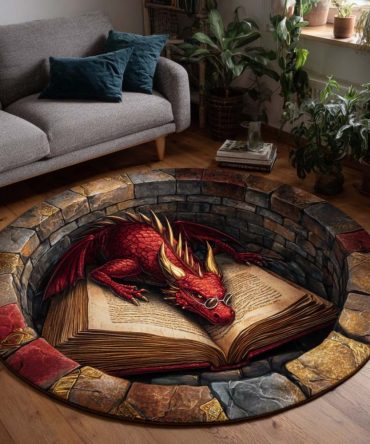 Wise Crimson Dragon Decorative Round Rug - Elegant Red Dragon Medallion Rug For Sophisticated Living Rooms, Offices And Lounges