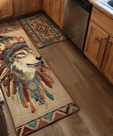 Wolf Chief Kitchen Rug — Bold Tribal Wolf Area Rug, Non-Skid Durable Mat For Kitchens, Entryways & Cabin-Style Interiors