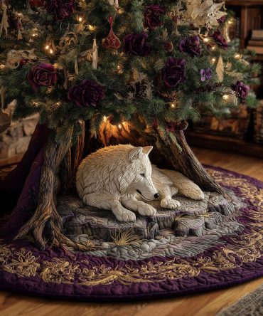 Midnight Wolf Quilted Christmas Tree Skirt — Luxurious Holiday Tree Base, Machine-Washable, Rustic Forest Home Decor