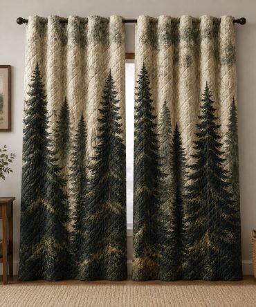 Woodland Peace Quilted Curtains - Pine Forest Grommet Window Panels, Rustic Cabin Thermal Drapes, Nature-Inspired, Light-Filtering