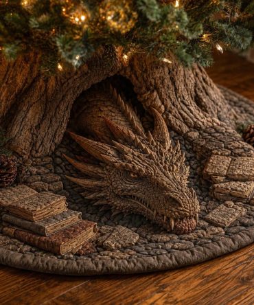 Woodland Dragon Nest Quilted Christmas Tree Skirt - Cozy Rustic Holiday Skirt, Machine-Washable Cotton, Durable Seasonal Accent