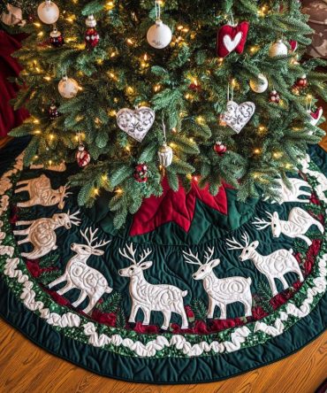 Woodland Grace Quilted Tree Skirt — Rustic Christmas Base Cover With Nature-Inspired Embroidery, Plush Padding & Cozy Holiday Vibes