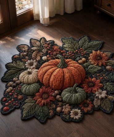 Woodland Pumpkin Bouquet Custom-Shaped Area Rug — Botanical Fall Accent Rug With Earthy Tones, Soft Low-Pile, Durable & Fade-Resistant, Multiple Sizes