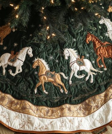 Woodland Steeds Quilted Tree Skirt, Forest Horse Silhouette Design, Premium Quilting, Soft Cotton Blend, Warm Holiday Centerpiece, Fits Most Trees, Perfect For Living Room Or Cottage