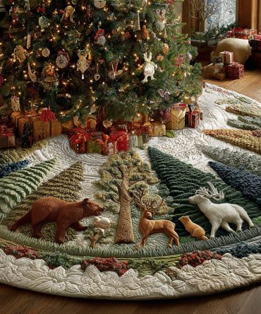 Woodland Wonder Quilted Tree Skirt - Rustic Christmas Base Cover With Forest Motifs, Cozy Quilting, Easy Care