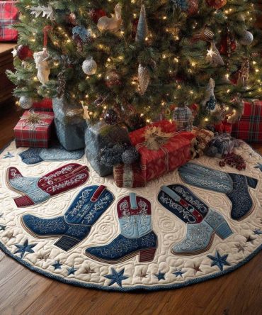 Wrangler Step Quilted Christmas Tree Skirt — Western Plaid Holiday Skirt With Rugged Quilting, Durable Rustic Tree Mat