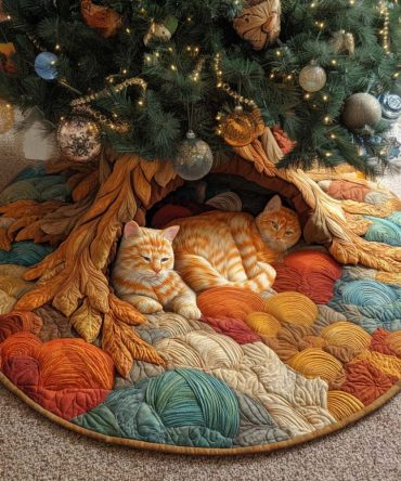 Yarn Haven Duo Quilted Tree Skirt - Dual-Sided Cat-Themed Holiday Skirt, Soft Cotton Fill, Reversible Design, Durable & Machine Washable