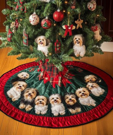 Yorkie Christmas Joy Quilted Tree Skirt — Joyful Yorkie Quilted Holiday Tree Skirt, Cozy Christmas Decor For Dog Households