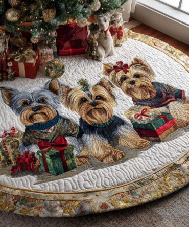 Classic Yorkie Christmas Tree Skirt - Quilted Velvet Base With Embroidered Details, 48" Diameter Holiday Foundation For Gifts