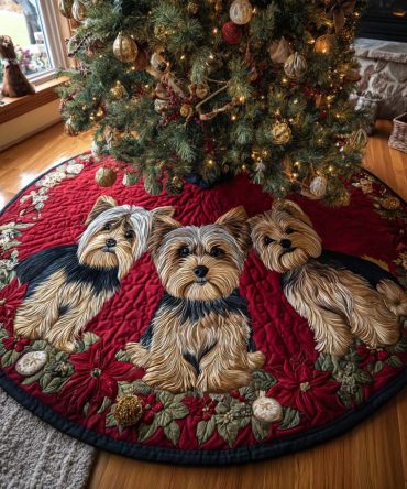 Chic Yorkie Quilted Holiday Tree Skirt - Plush Velvet & Embroidered Accents, 48" Diameter Perfect For Festive Home Styling