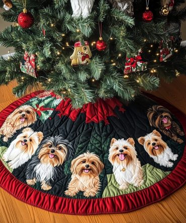 Yorkie Noel Quilted Christmas Tree Skirt — Elegant Yorkie Noel Tree Skirt, Quilted Holiday Accent For Dog-Loving Households