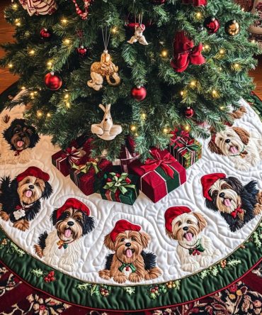 Yorkshire Holiday Spirit Quilted Tree Skirt — Joyful Yorkie Motif, Plush Quilting For Festive Warmth, Durable & Ready-To-Gift Seasonal Accent